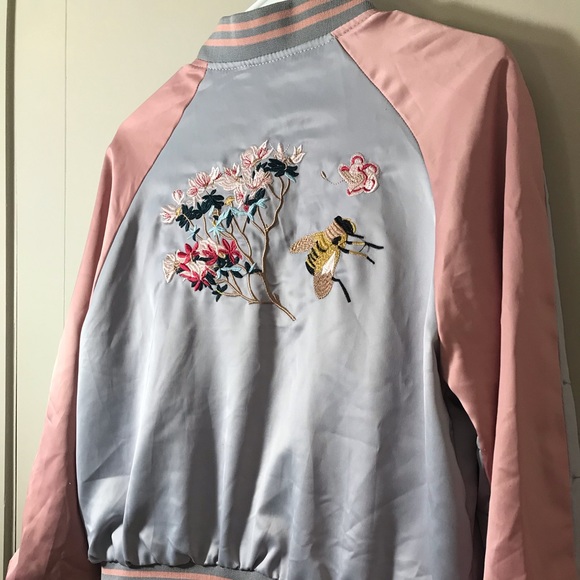 Unique Embroidered Bumblebee Satin Bomber Jacket - Picture 13 of 16